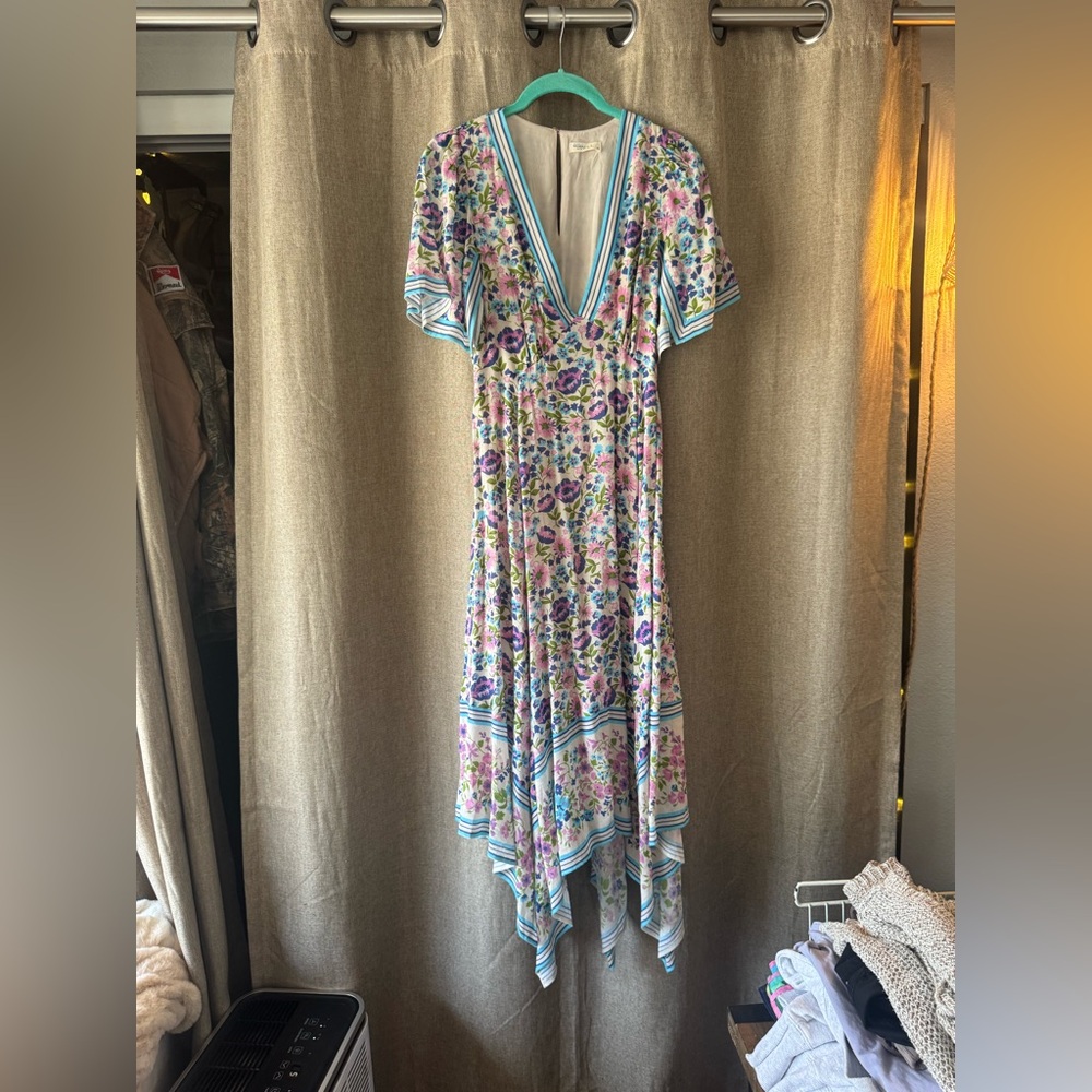 Spell Handkerchief Impala Lily Floral V-Neck Dress with Blue Accents